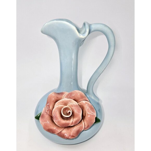 California Pottery Blue Pitcher W/Rose - Picture 1 of 8
